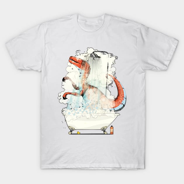 Dinosaur Velociraptor in the Shower T-Shirt by InTheWashroom